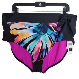 La Blanca Bikini Bottom 18W Tummy Control High-Waist Prism Palm Black Swimsuit